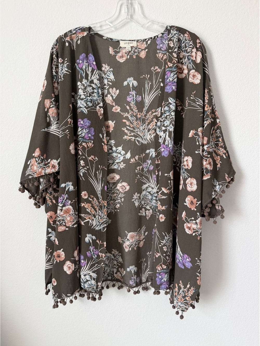 UMGEE Short Sleeve Pom-Pom Trim Floral Open Front Duster Cover Up Size S/M